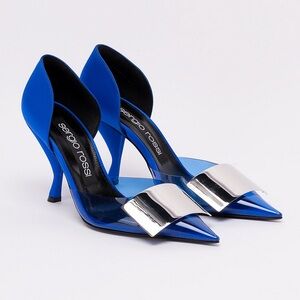 Sergio Rossi Vero Cuoio Blue Satin Heels Silver Buckle Size 41